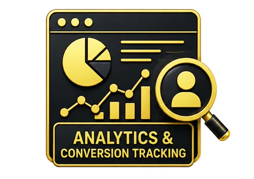 Analytics und Conversion Tracking mit Dashboard, Diagrammen, Lupe und Benutzer-Symbol.