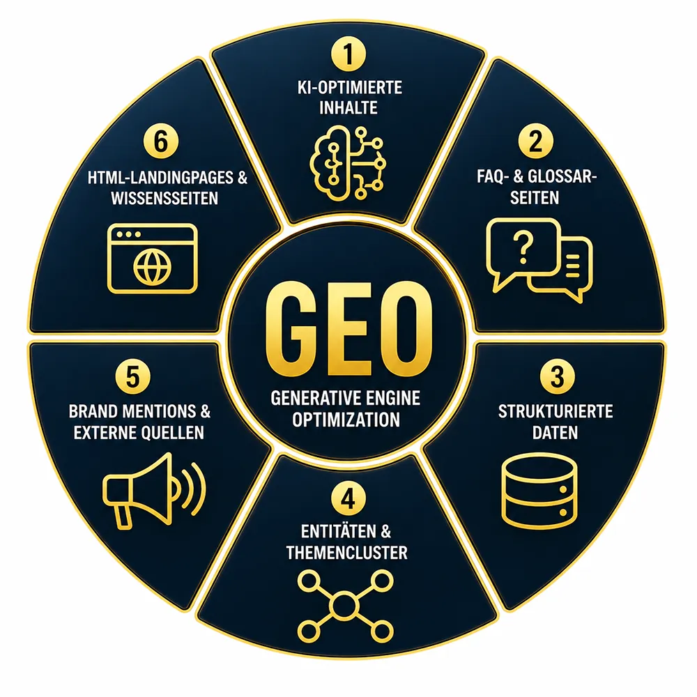 GEO-Infografik zur KI-Optimierung für ChatGPT, Google AI Overviews, Gemini, Claude und Perplexity mit den wichtigsten Maßnahmen für bessere Sichtbarkeit.