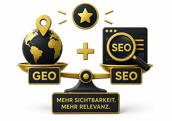 GEO und SEO als Symbol für die gleichwertige Bedeutung von Generative Engine Optimization und Suchmaschinenoptimierung für mehr Sichtbarkeit.