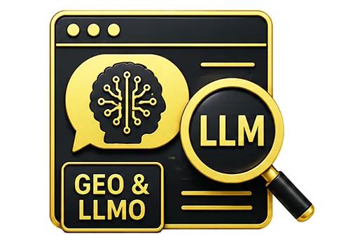 KI-Optimierung mit Browserfenster, KI-Chat, Lupe und GEO-&-LLMO-Symbol