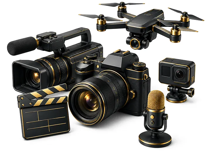 Content Creation mit moderner Kamera, Camcorder, Drohne, Mikrofon, Actioncam und Filmklappe