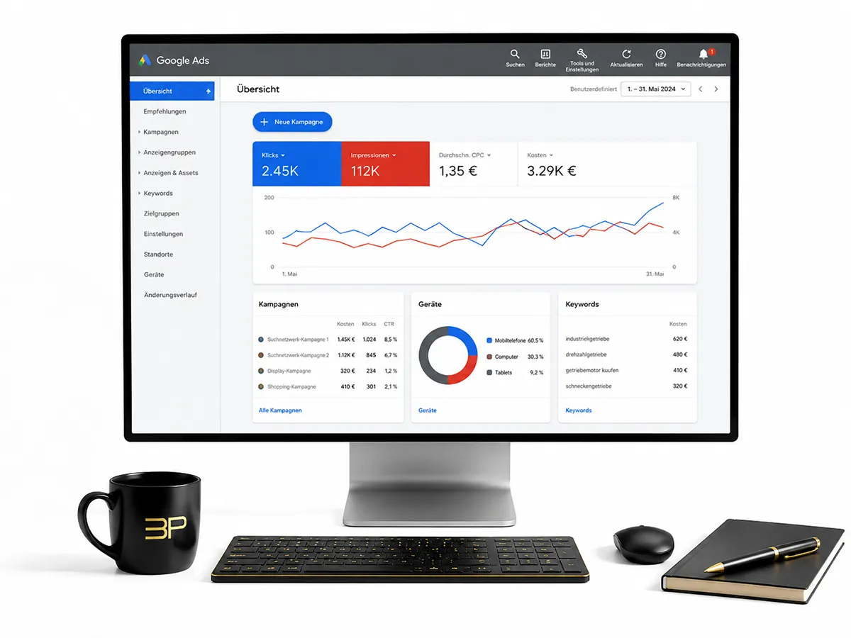 Google Ads Dashboard für die Planung, Verwaltung und Optimierung von Suchmaschinenwerbung zur gezielten Reichweitensteigerung.