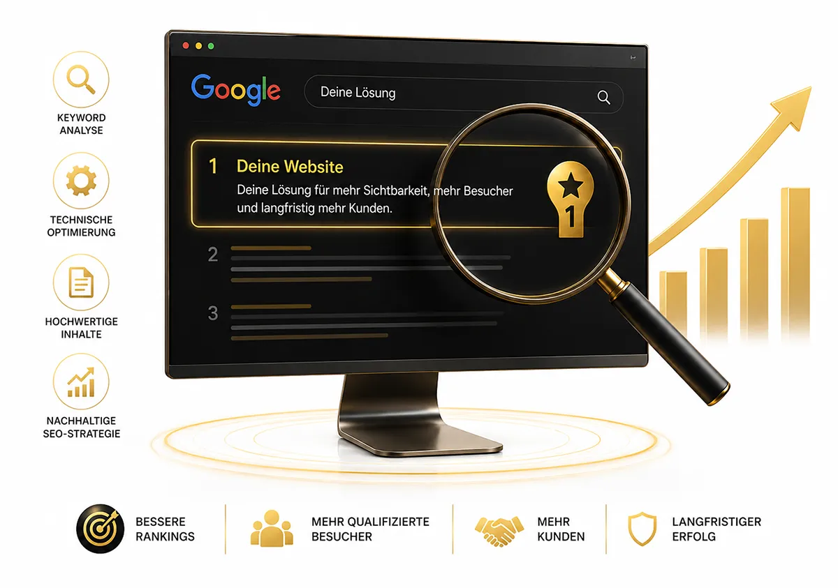 Illustration zur Suchmaschinenoptimierung mit Google-Suchergebnis, Keyword-Analyse, technischer Optimierung und nachhaltiger SEO-Strategie.