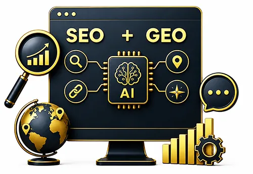 Illustration zu SEO und KI-Optimierung mit Suchmaschine, künstlicher Intelligenz und Generative Engine Optimization (GEO) für mehr Sichtbarkeit in Google und KI-Systemen.