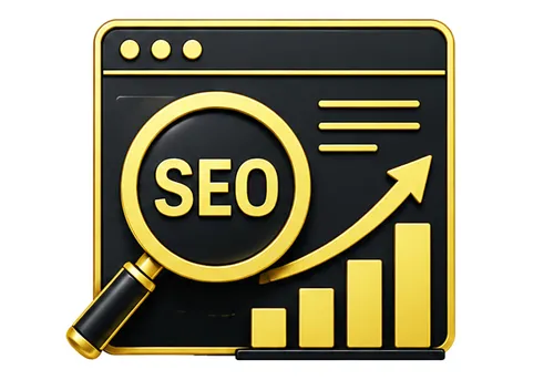 Suchmaschinenoptimierung mit Browserfenster, Lupe, SEO-Schriftzug und steigender Ranking-Grafik.