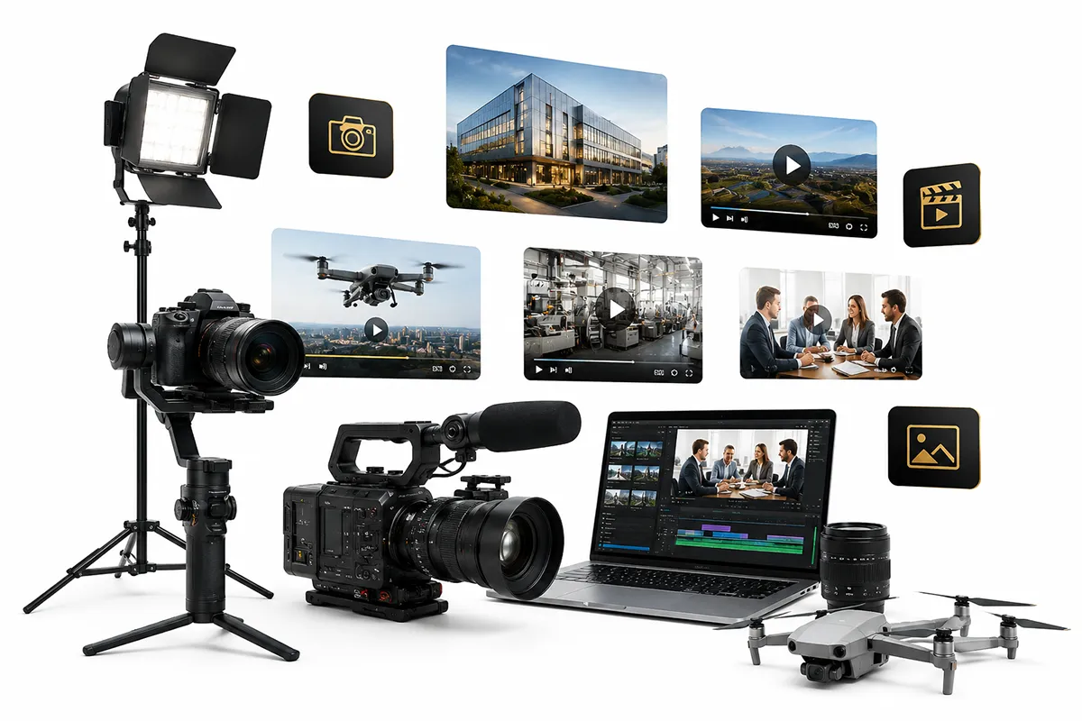 Hochwertige Unternehmensaufnahmen mit Imagefilm, Drohnenvideo, Werbefotografie und professioneller Videotechnik.